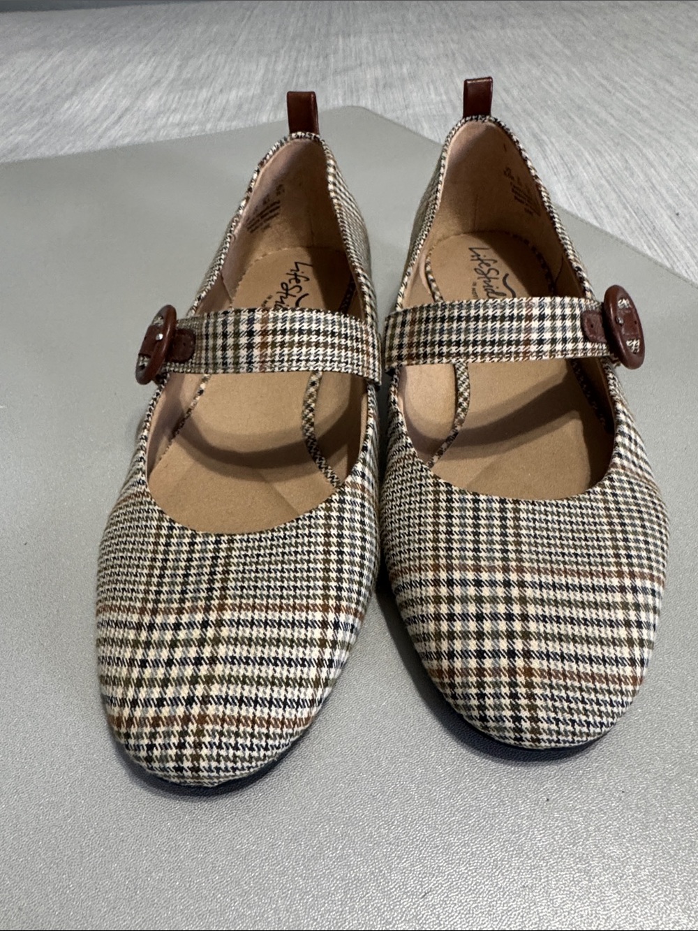 LifeStride Mary Jane Flats Plaid Houndstooth Checked Buckle Shoes Size 8.5 Wide - Picture 2 of 8